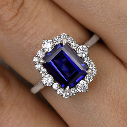 3.0 Carat Halo Emerald Cut Blue Sapphire Engagement Ring In Sterling Silver