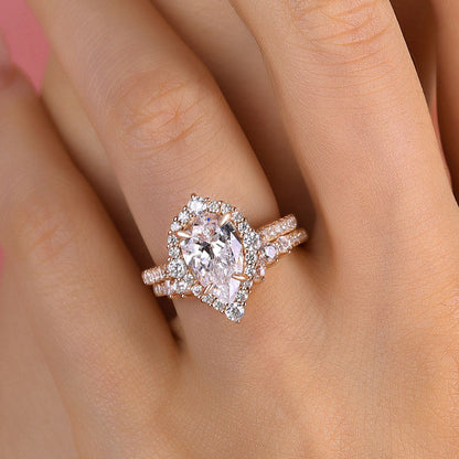 Elegant Rose Gold 2.2 Carat Halo Pear Cut Bridal Ring Set In Sterling Silver-Maxinejewelry