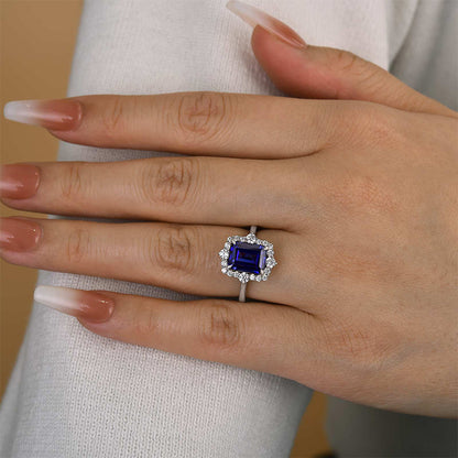 3.0 Carat Halo Emerald Cut Blue Sapphire Engagement Ring In Sterling Silver