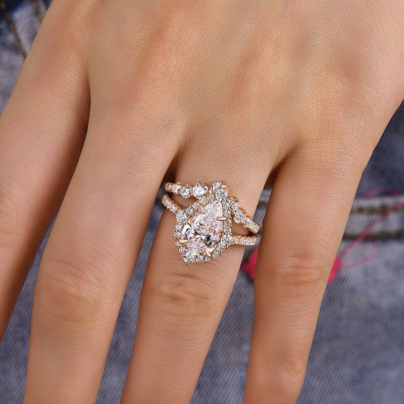 Elegant Rose Gold 2.2 Carat Halo Pear Cut Bridal Ring Set In Sterling Silver-Maxinejewelry