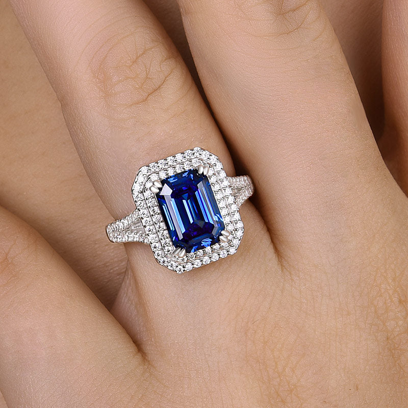 Luxurious Double Halo Split Shank Blue Sapphire Emerald Cut Engagement Ring In Sterling Silver-Maxinejewelry