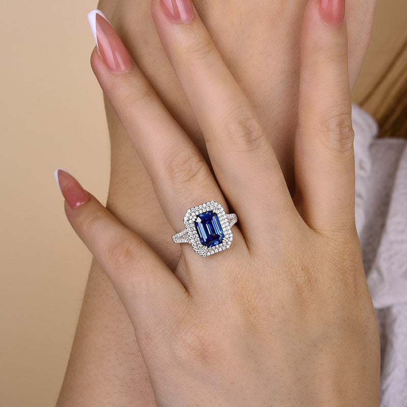 Luxurious Double Halo Split Shank Blue Sapphire Emerald Cut Engagement Ring In Sterling Silver-Maxinejewelry