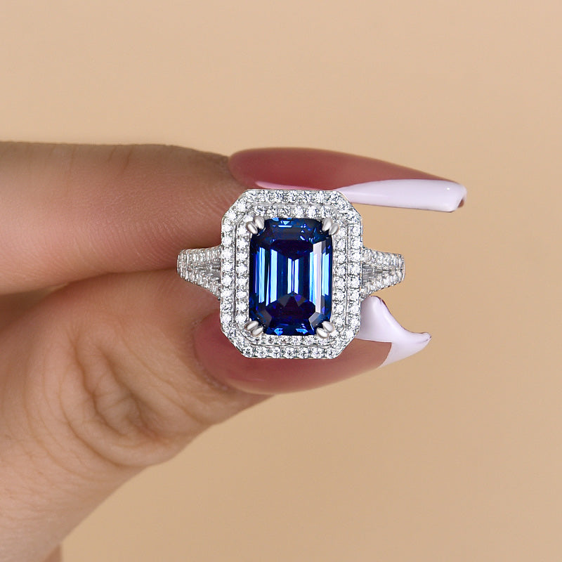 Luxurious Double Halo Split Shank Blue Sapphire Emerald Cut Engagement Ring In Sterling Silver-Maxinejewelry