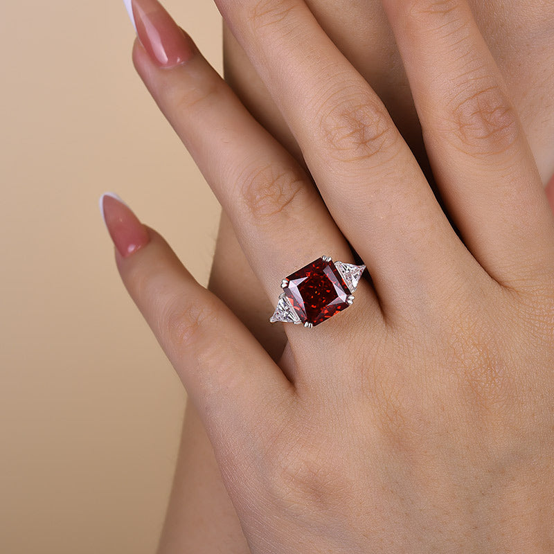 Ruby Radiant Cut Three Stone Engagement Ring With Triangle Cut Site-stones-Maxinejewelry