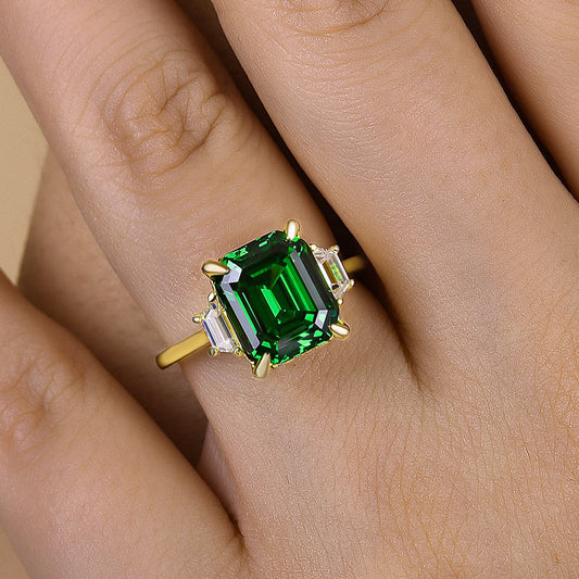 Gorgeous Asscher Cut Three Stone Emerald Green Engagement Ring In Sterling Silver-Maxinejewelry