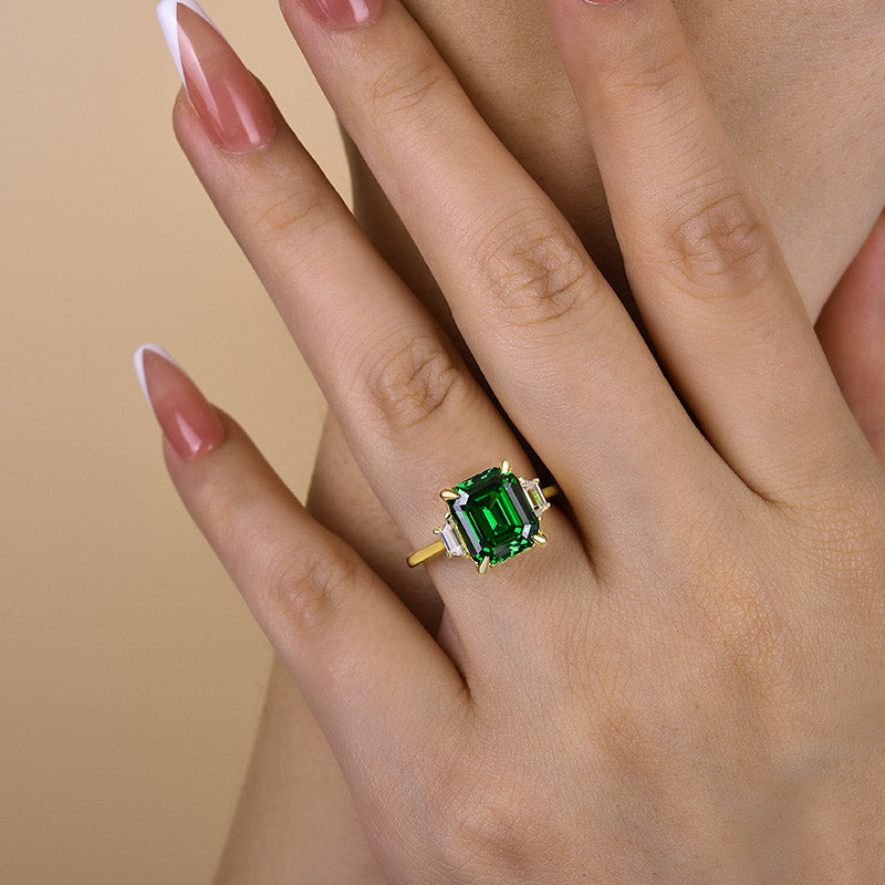 Gorgeous Asscher Cut Three Stone Emerald Green Engagement Ring In Sterling Silver-Maxinejewelry