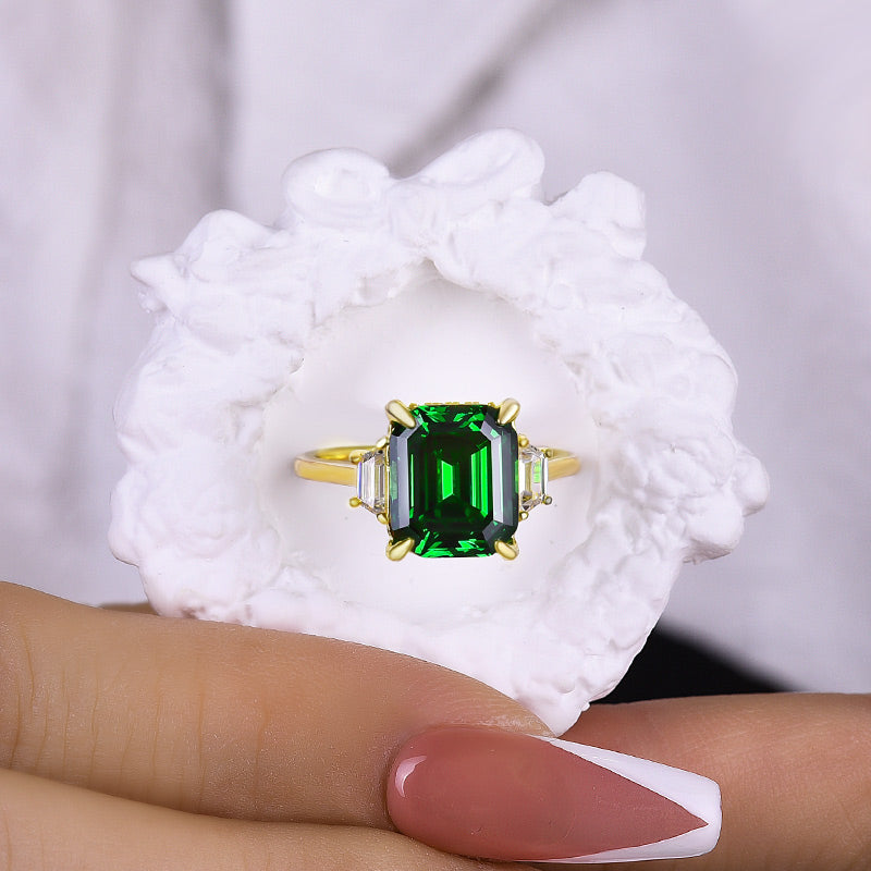 Gorgeous Asscher Cut Three Stone Emerald Green Engagement Ring In Sterling Silver-Maxinejewelry