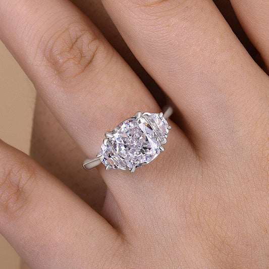 Elegant Cushion Cut Three Stone Engagement Ring In Sterling Silver-Maxinejewelry