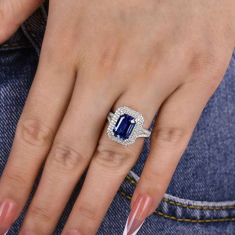 Luxurious Double Halo Split Shank Blue Sapphire Emerald Cut Engagement Ring In Sterling Silver-Maxinejewelry