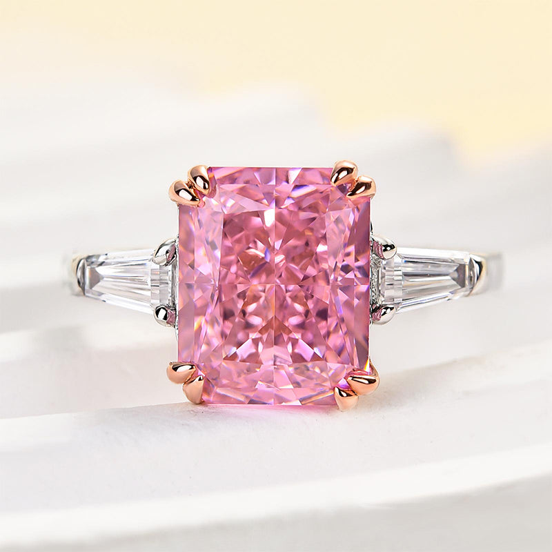 4.0 Carat Pink Sapphire Radiant Cut Three Stone Engagement Ring In Sterling Silver