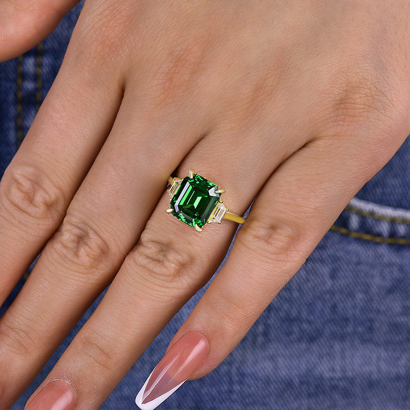 Gorgeous Asscher Cut Three Stone Emerald Green Engagement Ring In Sterling Silver-Maxinejewelry