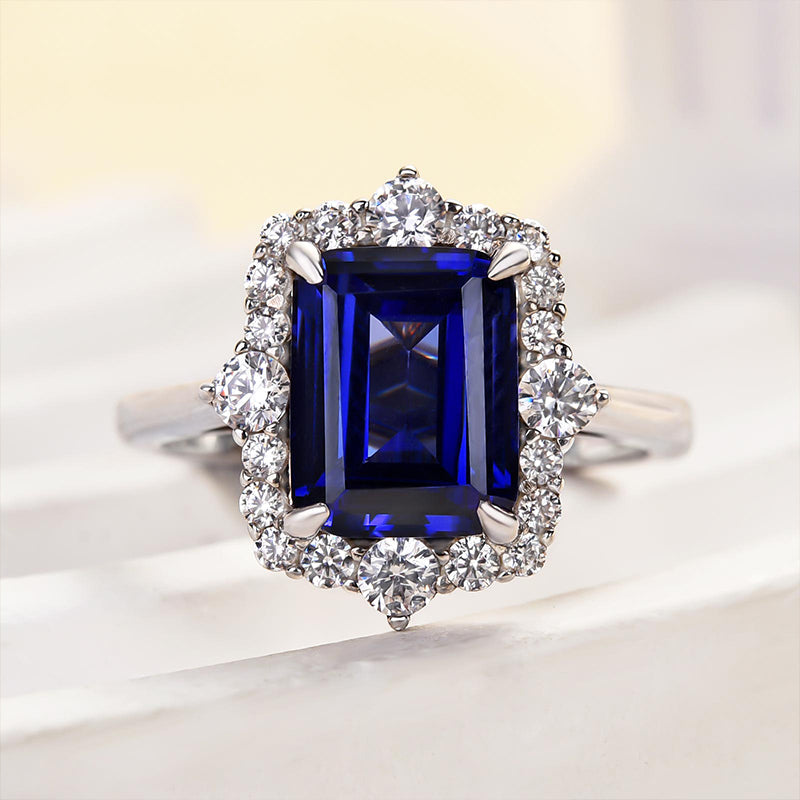 3.0 Carat Halo Emerald Cut Blue Sapphire Engagement Ring In Sterling Silver