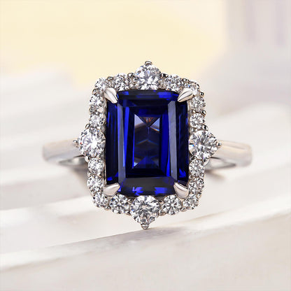 3.0 Carat Halo Emerald Cut Blue Sapphire Engagement Ring In Sterling Silver