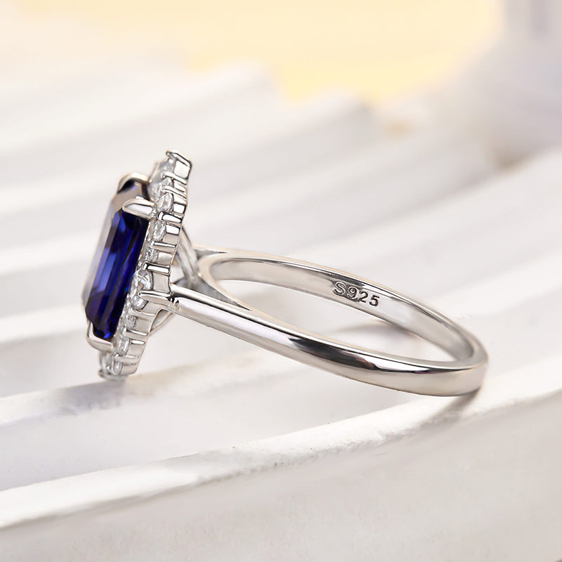 3.0 Carat Halo Emerald Cut Blue Sapphire Engagement Ring In Sterling Silver