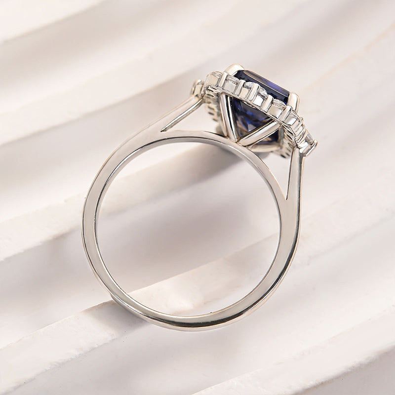 3.0 Carat Halo Emerald Cut Blue Sapphire Engagement Ring In Sterling Silver