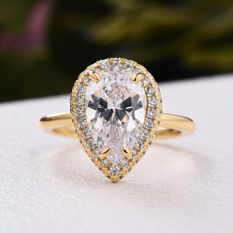 Yellow Gold Halo Pear Cut Solitaire Engagement Ring For Women In Sterling Silver-Maxinejewelry