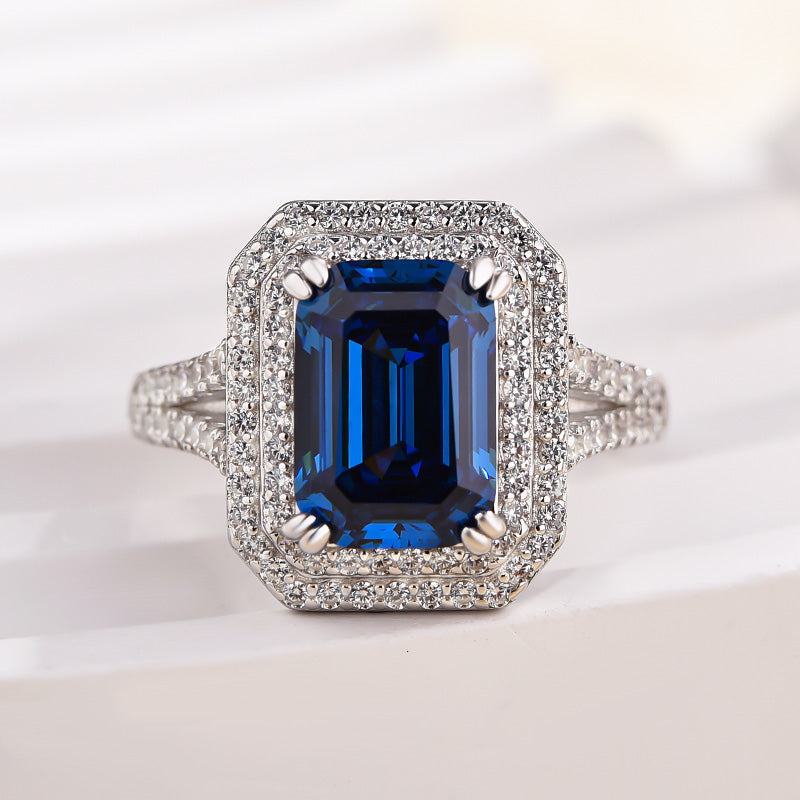 Luxurious Double Halo Split Shank Blue Sapphire Emerald Cut Engagement Ring In Sterling Silver-Maxinejewelry