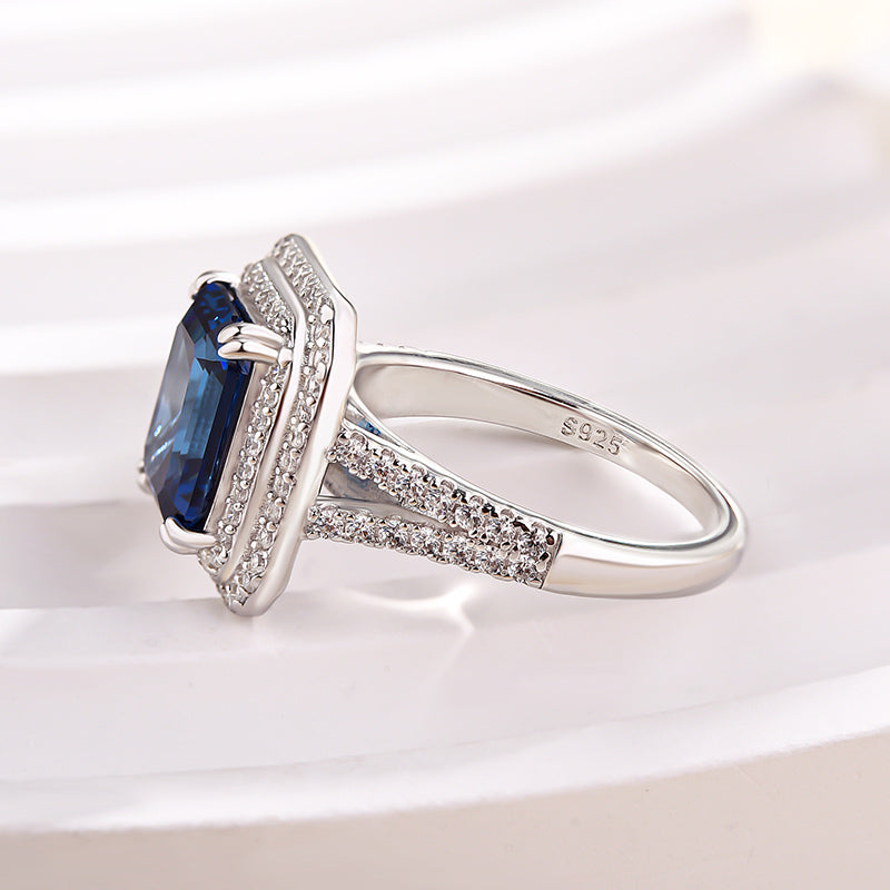 Luxurious Double Halo Split Shank Blue Sapphire Emerald Cut Engagement Ring In Sterling Silver-Maxinejewelry