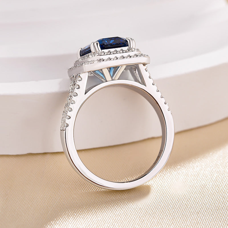 Luxurious Double Halo Split Shank Blue Sapphire Emerald Cut Engagement Ring In Sterling Silver-Maxinejewelry