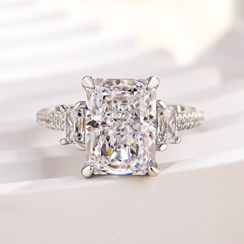 Stunning Crushed Ice Radiant Cut Three Stone Engagement Ring In Sterling Silver-Maxinejewelry