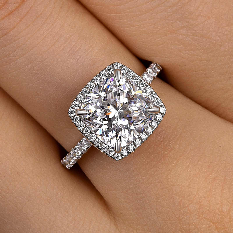 Amazing 3.2 Carat Cushion Cut Halo Engagement Ring In Sterling Silver