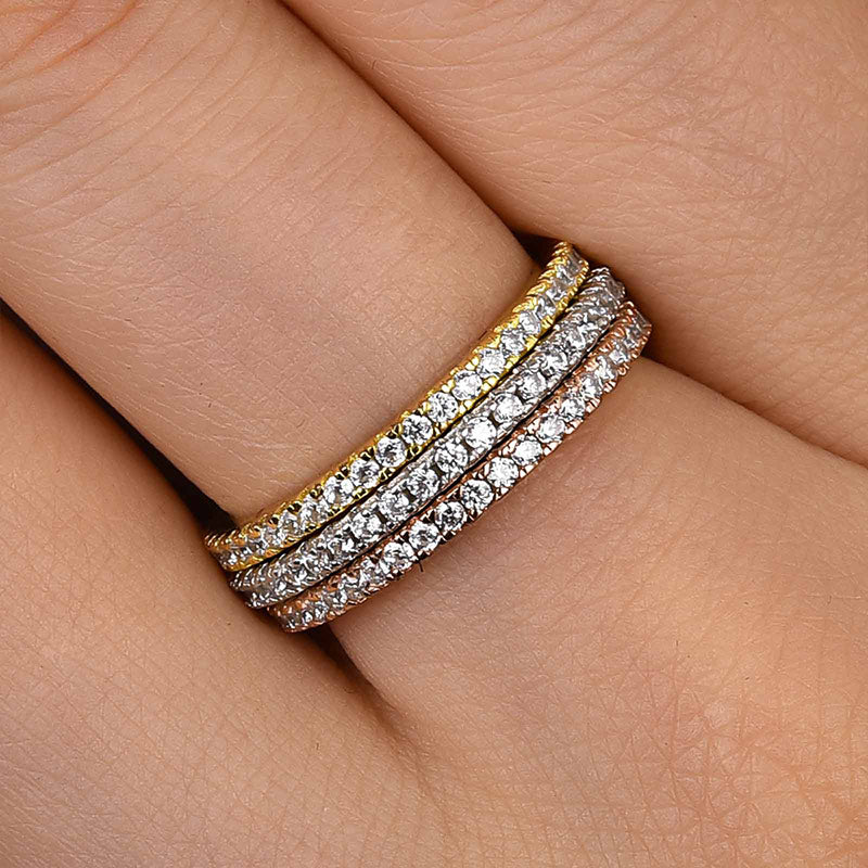 2 Tone Full Eternity 3PC Stackable Wedding Band Set In Sterling Silver