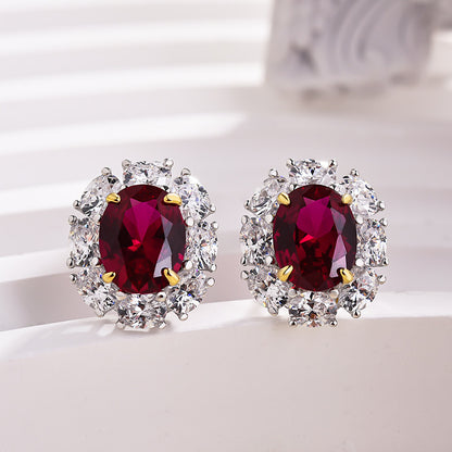 Luxuriant Halo 1.8 Carat Ruby Oval Cut Women's Drop Earrings In Sterling Silver