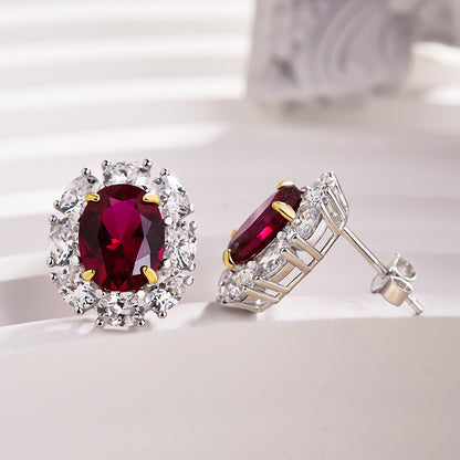 Luxuriant Halo 1.8 Carat Ruby Oval Cut Women's Drop Earrings In Sterling Silver