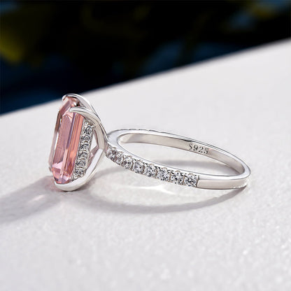 Elegant Emerald Cut Morganite Pink Women's Engagement Ring In Sterling Silver-Maxinejewelry