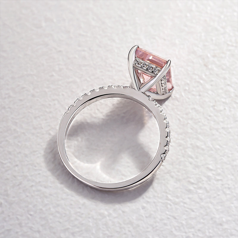 Elegant Emerald Cut Morganite Pink Women's Engagement Ring In Sterling Silver-Maxinejewelry