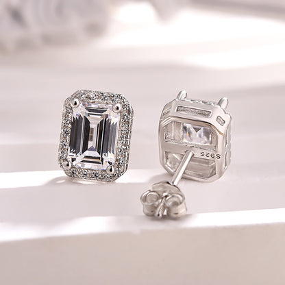 Sparkle Halo Emerald Cut Women's Stud Earrings In Sterling Silver