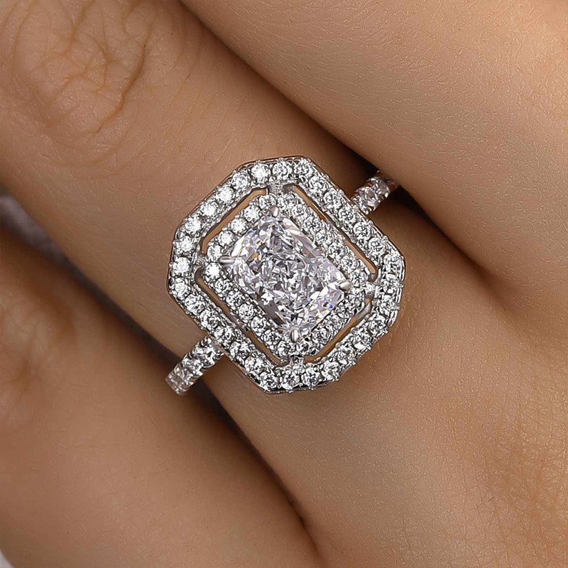 Double Halo Radiant Cut Sona Simulated Diamond Engagement Ring In Sterling Silver