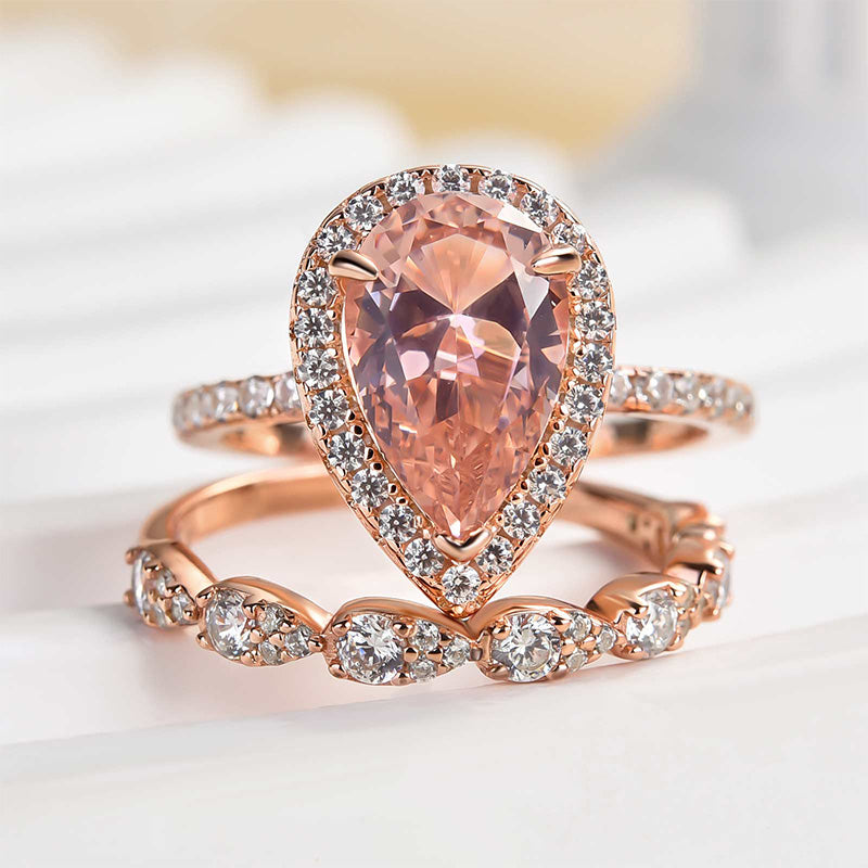 Rose Gold Halo 3.0 Carat Pear Cut Peachy Pink Stone Wedding Set For Women