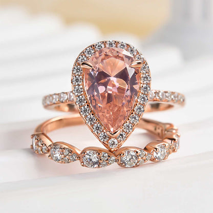 Rose Gold Halo 3.0 Carat Pear Cut Peachy Pink Stone Wedding Set For Women