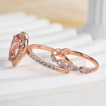 Rose Gold Halo 3.0 Carat Pear Cut Peachy Pink Stone Wedding Set For Women