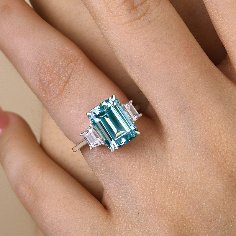 Exclusive Emerald Cut Three Stone Light Aquamarine Blue Engagement Ring In Sterling Silver-Maxinejewelry