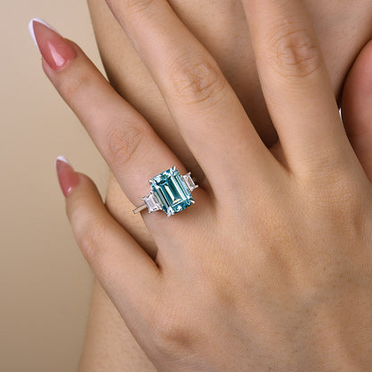 Exclusive Emerald Cut Three Stone Light Aquamarine Blue Engagement Ring In Sterling Silver-Maxinejewelry