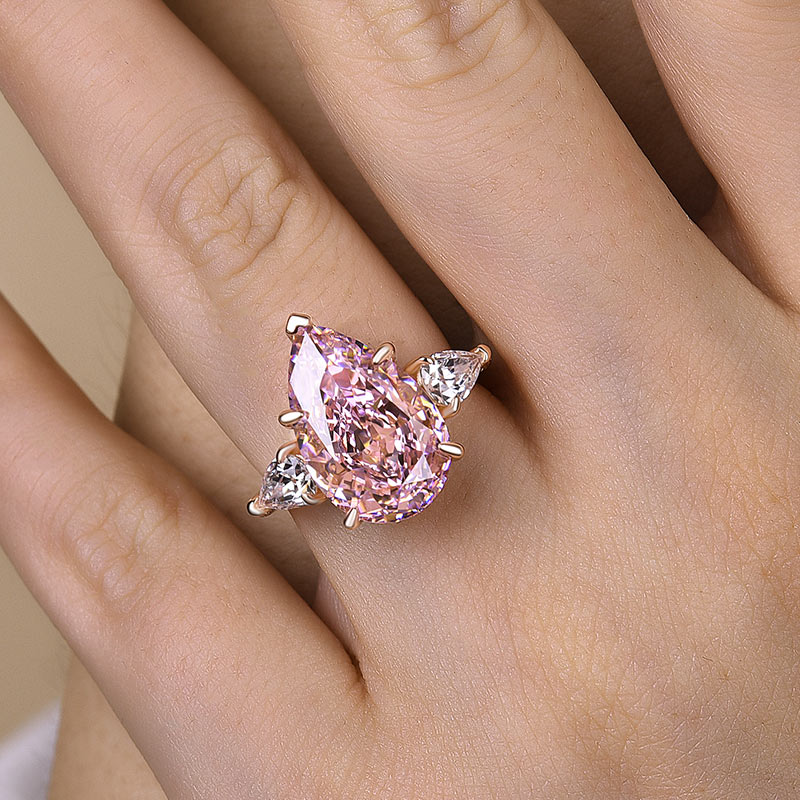 Elegant Rose Gold Pear Cut Pink Sapphire Three Stone Engagement Ring In Sterling Silver-Maxinejewelry