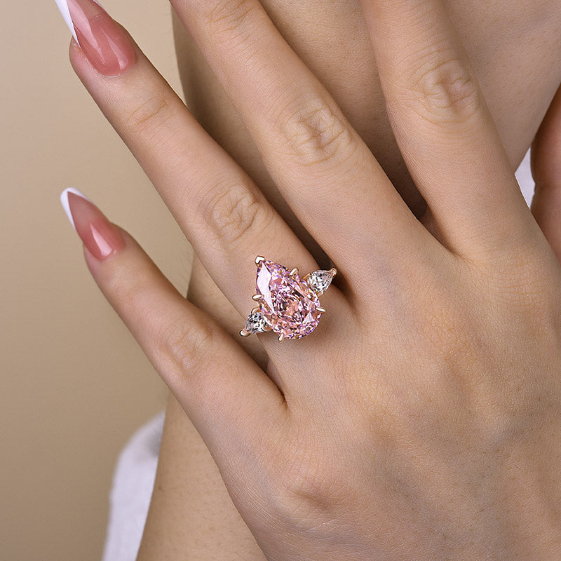 Elegant Rose Gold Pear Cut Pink Sapphire Three Stone Engagement Ring In Sterling Silver-Maxinejewelry