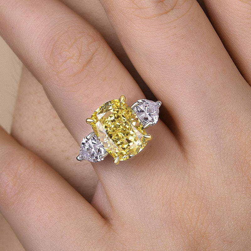 Elegant Cushion Cut Three Stone Yellow Sapphire Engagement Ring In Sterling Silver-Maxinejewelry