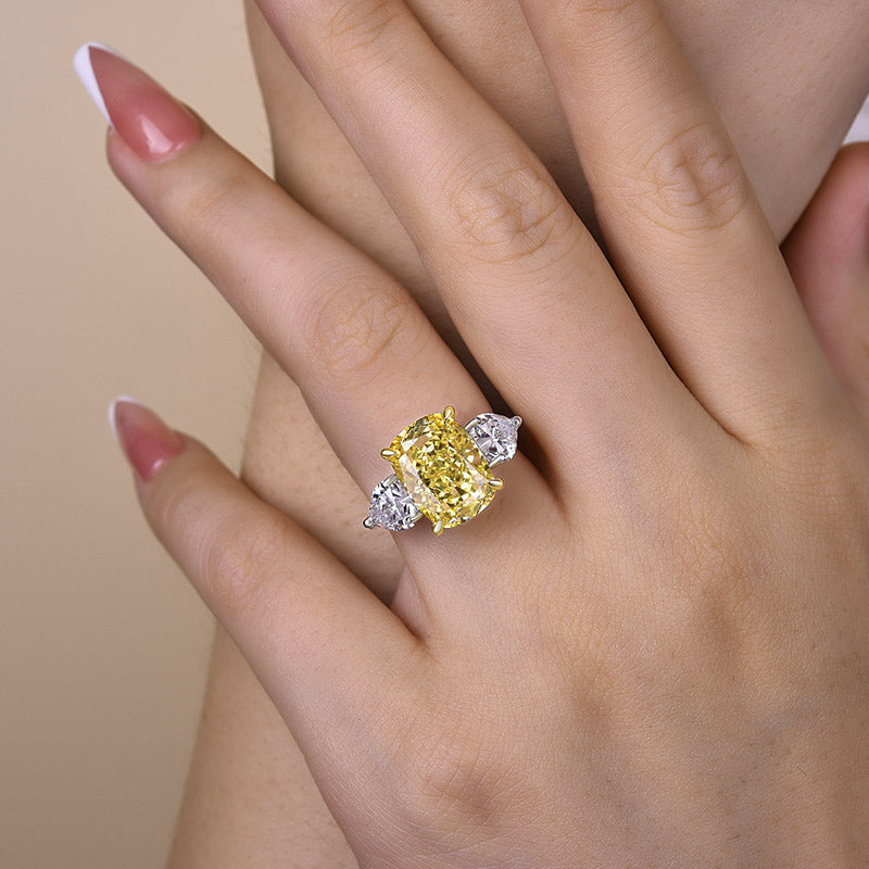 Elegant Cushion Cut Three Stone Yellow Sapphire Engagement Ring In Sterling Silver-Maxinejewelry