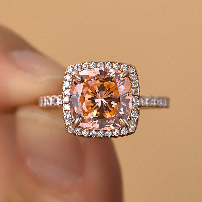 Elegant Cushion Cut Synthetic Morganite Halo Engagement Ring In Sterling Silver