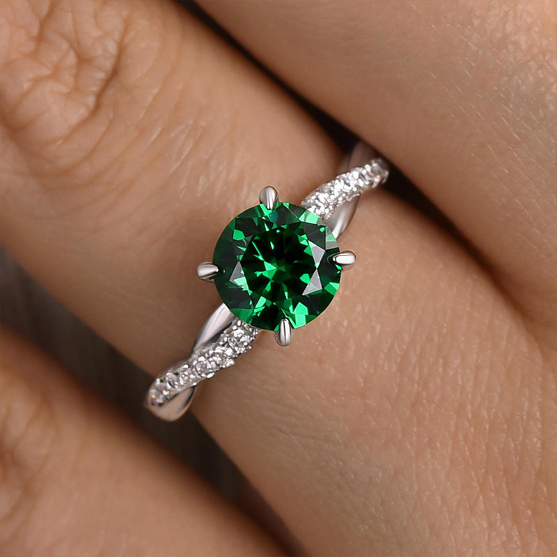 Twist Round Cut Emerald Green Engagement Ring In Sterling Silver