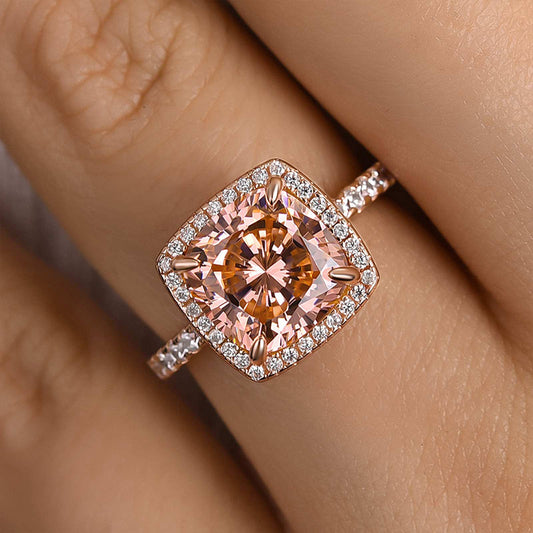 Elegant Cushion Cut Synthetic Morganite Halo Engagement Ring In Sterling Silver