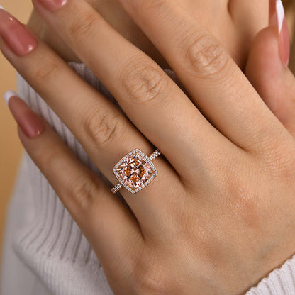 Elegant Cushion Cut Synthetic Morganite Halo Engagement Ring In Sterling Silver