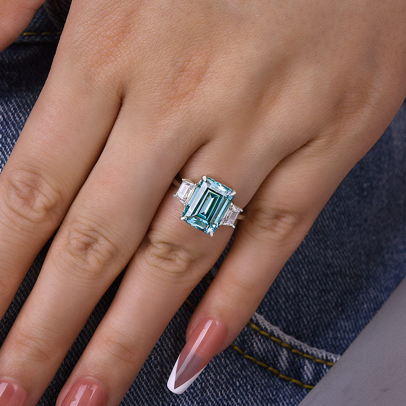 Exclusive Emerald Cut Three Stone Light Aquamarine Blue Engagement Ring In Sterling Silver-Maxinejewelry