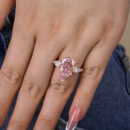 Elegant Rose Gold Pear Cut Pink Sapphire Three Stone Engagement Ring In Sterling Silver-Maxinejewelry