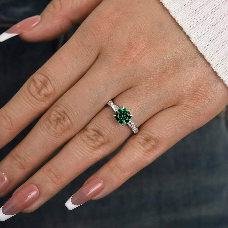 Twist Round Cut Emerald Green Engagement Ring In Sterling Silver