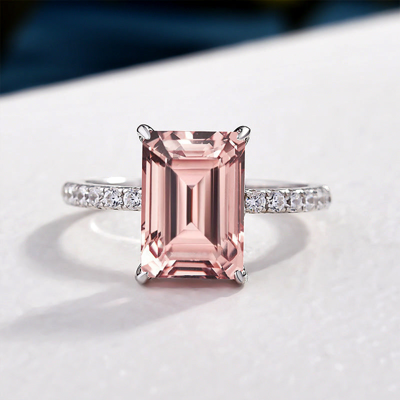 Elegant Emerald Cut Morganite Pink Women's Engagement Ring In Sterling Silver-Maxinejewelry