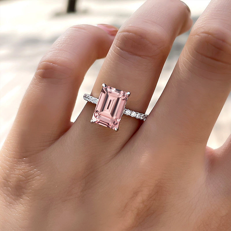 Elegant Emerald Cut Morganite Pink Women's Engagement Ring In Sterling Silver-Maxinejewelry